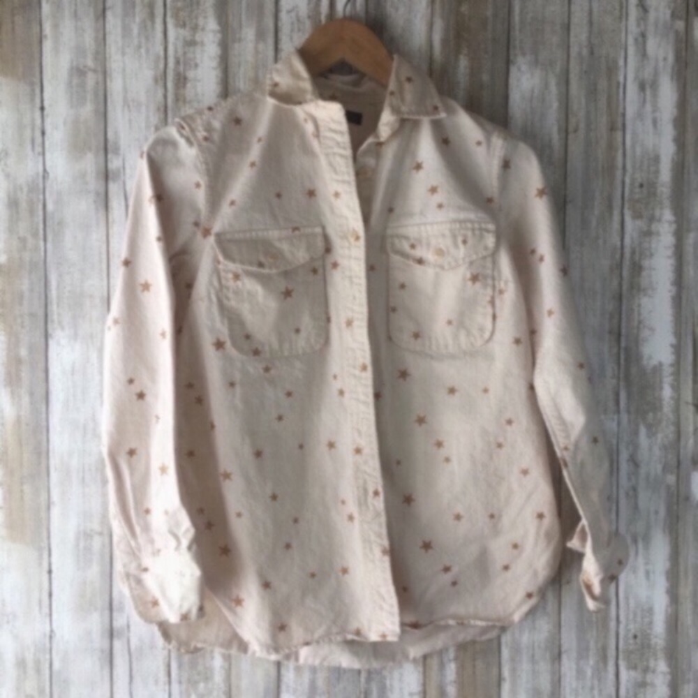 J.Crew Star Print Button Down XS Cream Gold Collared Cotton Blouse Casual Preppy - Picture 2 of 6